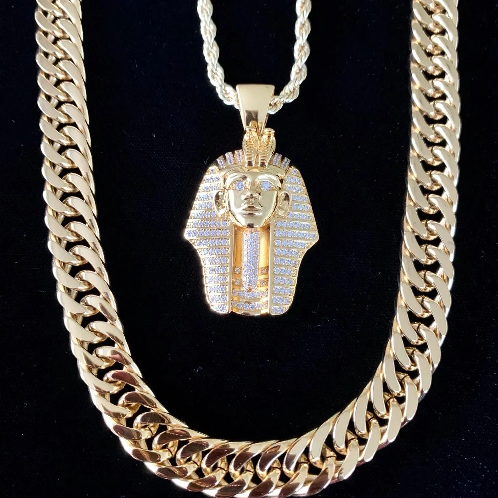 DE ROSSI PHARAOH PENDANT 18K GOLD CHAIN NECKLACE LAB DIAMONDS MADE IN ITALY